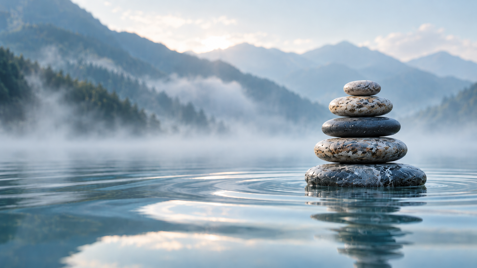 Misty Mountain Lake Stone Cairn